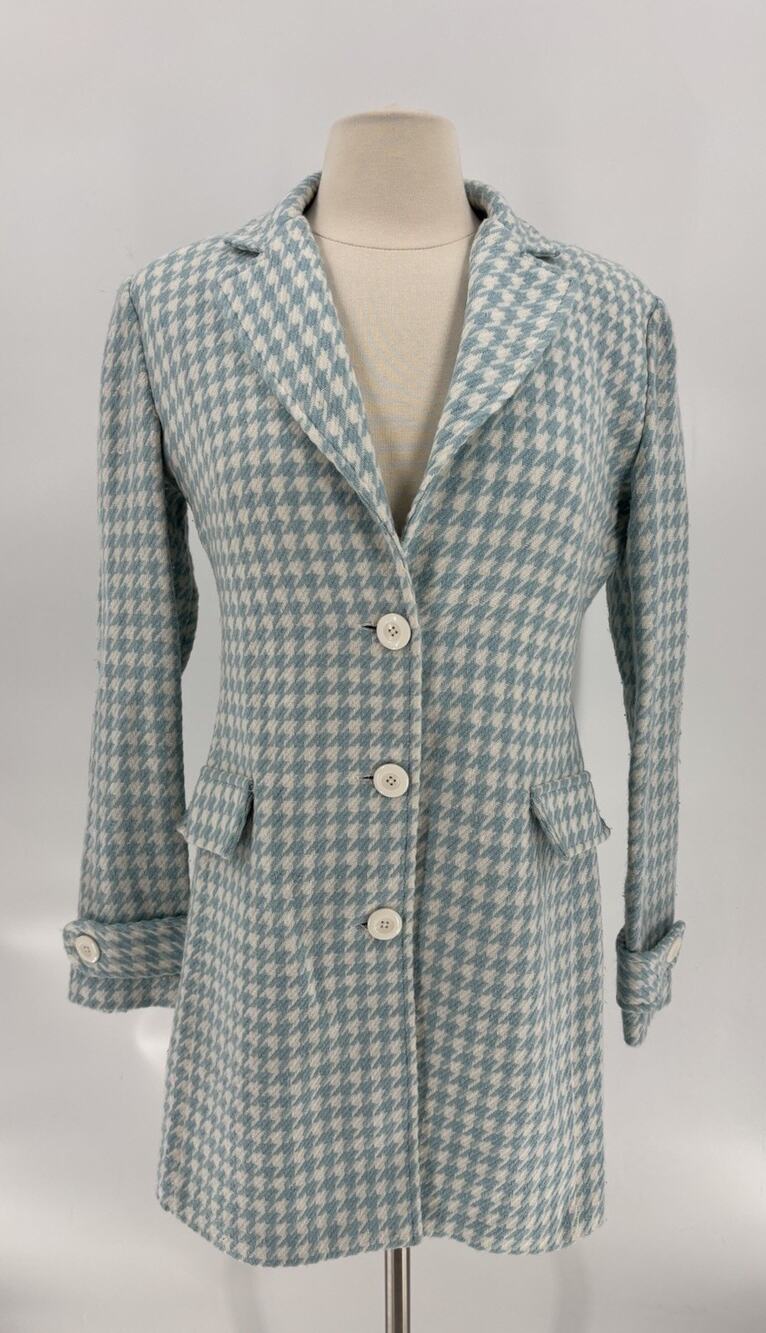 Zinc Longline Blazer Womens Large Blue White Houndstooth Knit Single Breasted
